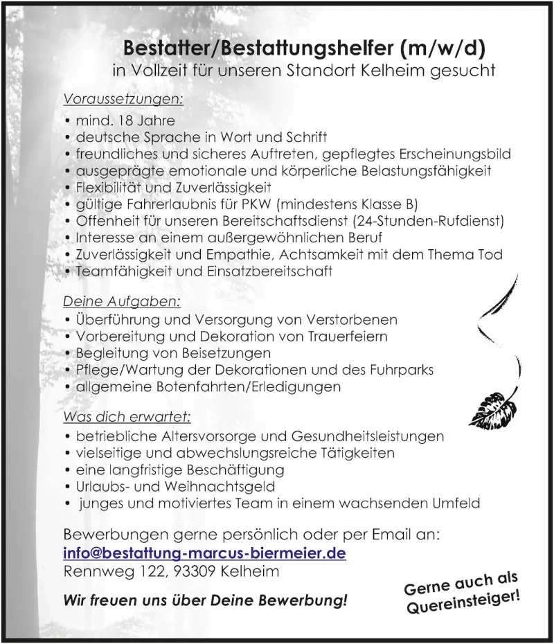 Stellenanzeige Bestatter / Bestattungshelfer